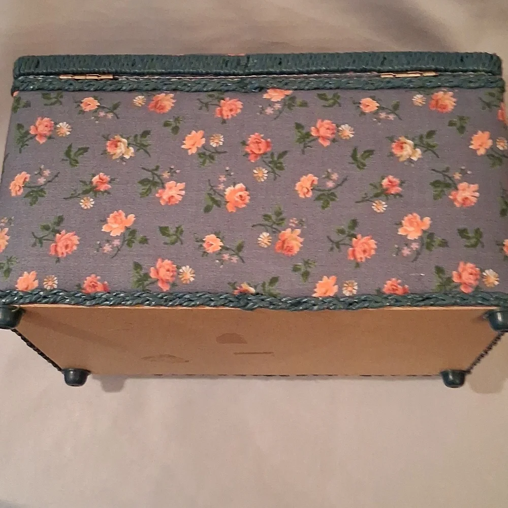 Sewing Basket covered w padded blue/pink floral fabric-sz 11 1/2 x 7 x 6 1/2 in.